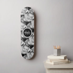 Skateboard Monograma del patrón fotográfico blanco negro del 