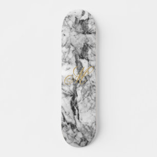Skateboard Monograma dorado elegante de mármol blanco modern