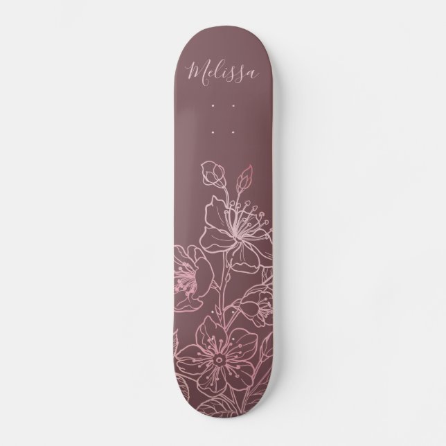 Skateboard Monograma floral rosa Rubor dorado Rosa (Anverso)