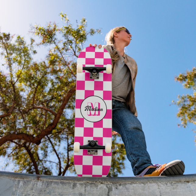 Skateboard Monograma geométrico retro de cuadros rosa calient (Exterior 1)