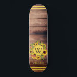 Skateboard Monograma girasol Madera<br><div class="desc">Rústico patineta monogramo de girasol de madera de grano con problemas. Un regalo de cumpleaños perfecto para un chica de estilo rústico boho.</div>