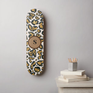 Skateboard Monograma inicial del patrón de leopardo marrón