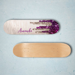Skateboard Monograma moderna rosa rojo con gotas de brillo