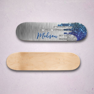 Skateboard Monograma moderna y linda con gotas de brillo azul