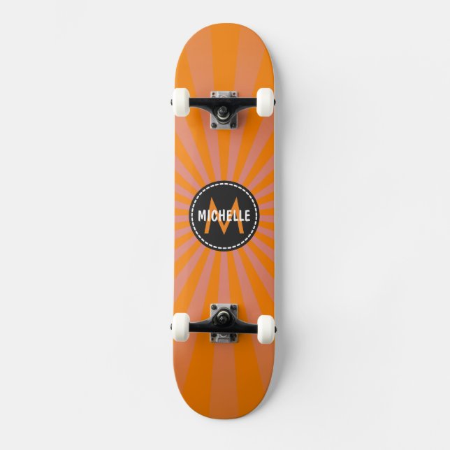 Skateboard Monograma Naranja Funky Sun Rays Patrón (Anverso)