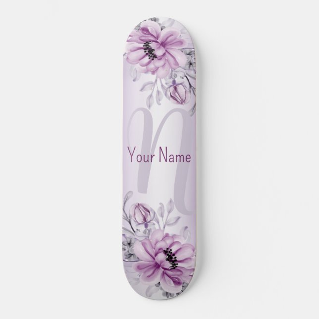 Skateboard Monograma Nombre Violeta Floral Rosa Morada Modern (Anverso)