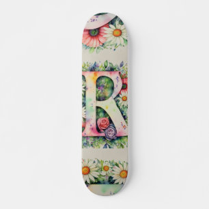 Skateboard Monograma personalizado de la flor color de agua c