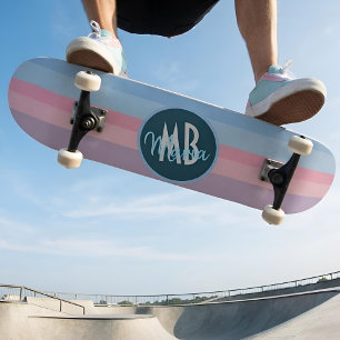 Skateboard Monograma Personalizado Franja Rosa y Azul Pastel