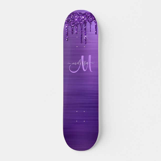 Skateboard Monograma Purpurina de goteo morado Girly (Anverso )
