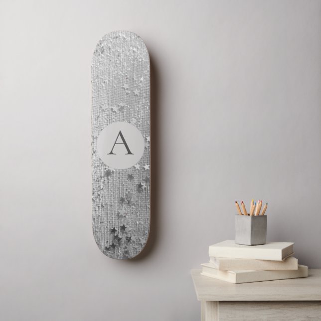Skateboard Monograma Purpurina de Stardust Silver en Burlap p (Arte de la pared)