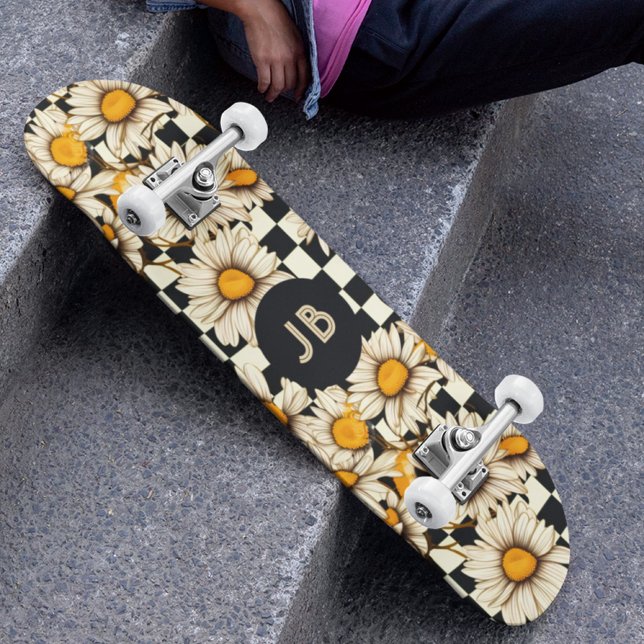 Skateboard Monograma Retro Groovy Daisy Tablero de Ajedrez (Subido por el creador)
