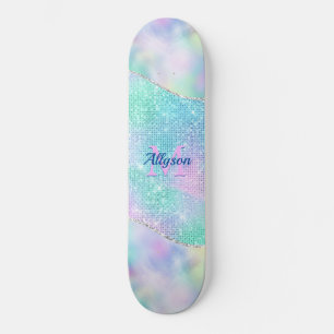 Skateboard Monograma rosa 3D, nombre, brillo iridiscente