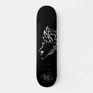 Skateboard Monograma tribal de lobo plateado