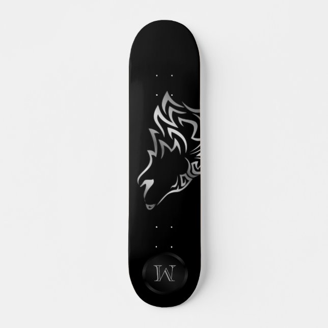 Skateboard Monograma tribal lobo plateado negro (Anverso )