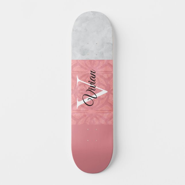 Skateboard Monogramación De Batik Rosa Ruddy Y Acuarela Gris (Anverso)