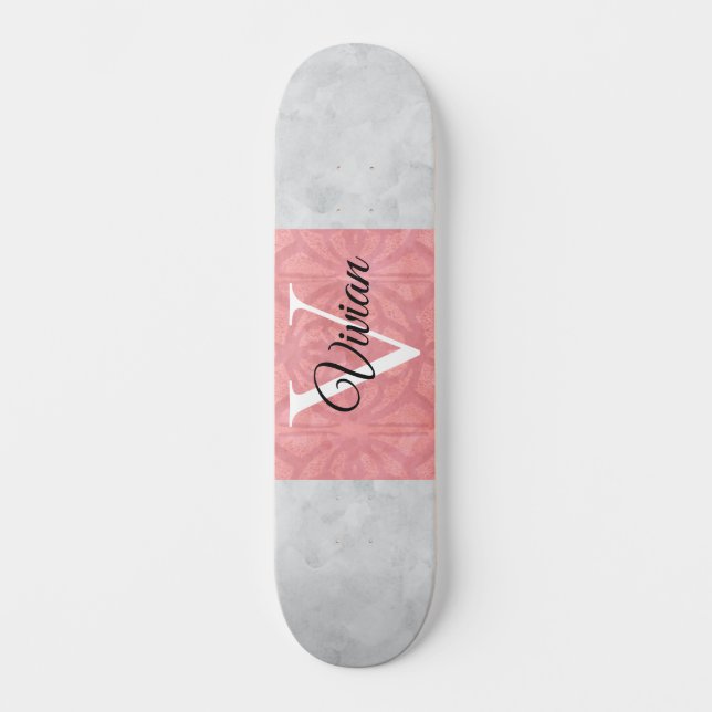 Skateboard Monogramación De Batik Rosa Ruddy Y Acuarela Gris (Anverso)