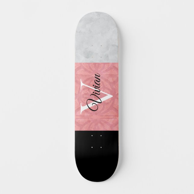Skateboard Monogramación De Batik Rosa Ruddy Y Acuarela Gris (Anverso)