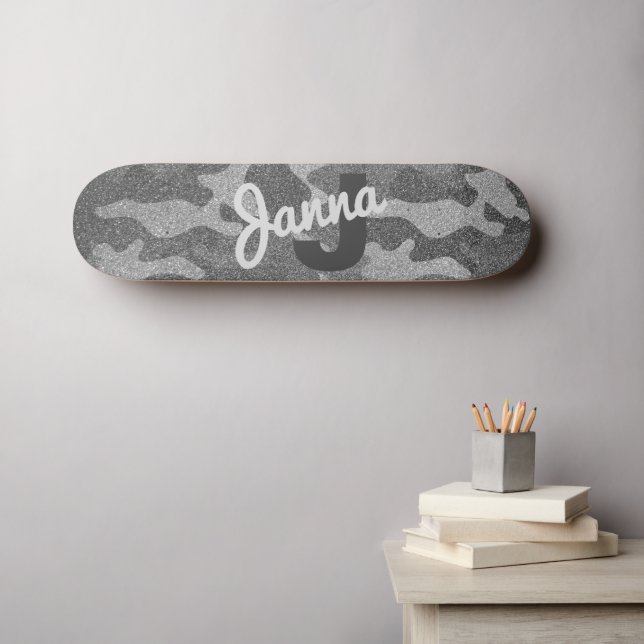 Skateboard Monogramado Purpurina de camuflaje plateado y de a (Arte de pared (horz))