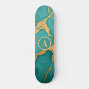 Skateboard Monogramo Gold y Verde azulado mármol de lujo