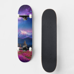 Skateboard Montaña Cósmica Galaxia Neon Fantasía Natural