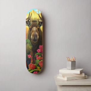 Skateboard Moose en el bosque con flores Arte de IA