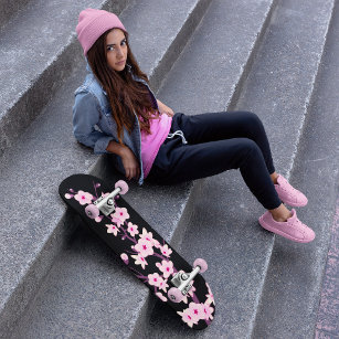Skateboard Morada floral de cerezo rosa negro