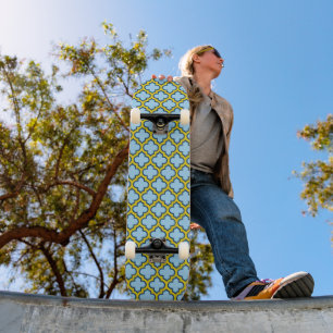 Skateboard Mosaico azul y amarillo, Entramado, Quatrefoil
