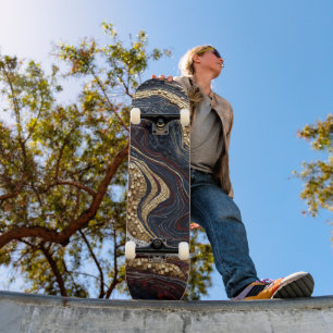 Skateboard Mosaico de Ágata Geoda Negra Roja Dorada Skateboar