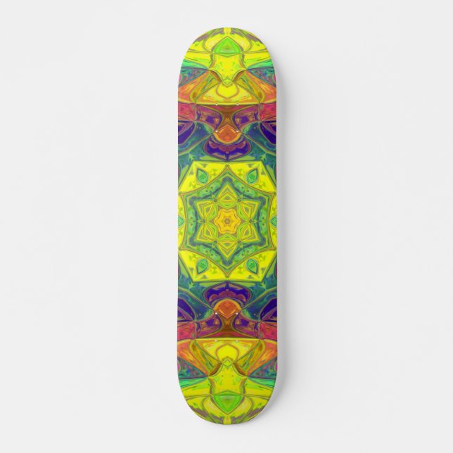 Skateboard Mosaico Mandala Flor amarillo azul y verde (Anverso )