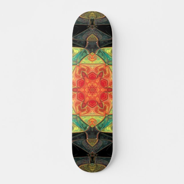 Skateboard Mosaico Mandala Flor Rojo Amarillo Verde y Negro (Anverso )