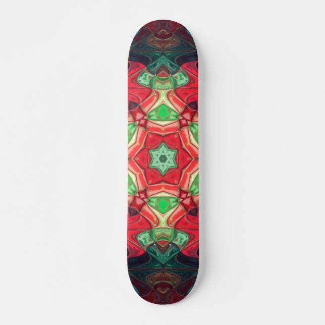 Skateboard Mosaico Mandala Flor Rojo Verde azulado y Azul (Anverso )
