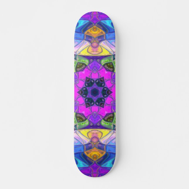 Skateboard Mosaico Mandala Flor rosa azul y amarillo (Anverso )