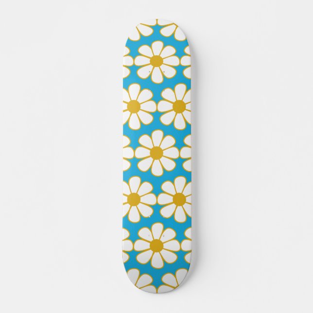 Skateboard Mostaza del patrón de margarita floral y azul (Anverso )