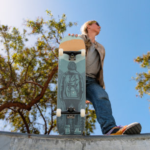 Skateboard Mujer mochilera en puesta de sol en la naturaleza