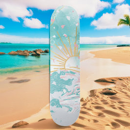 Skateboard Mujer principiante en playa verde azulada y rosa