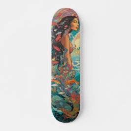 Skateboard Mujer tropical y cosecha de peces