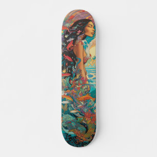 Skateboard Mujer tropical y cosecha de peces