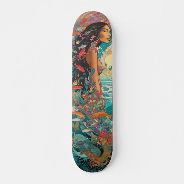 Skateboard Mujer tropical y cosecha de peces (Anverso )