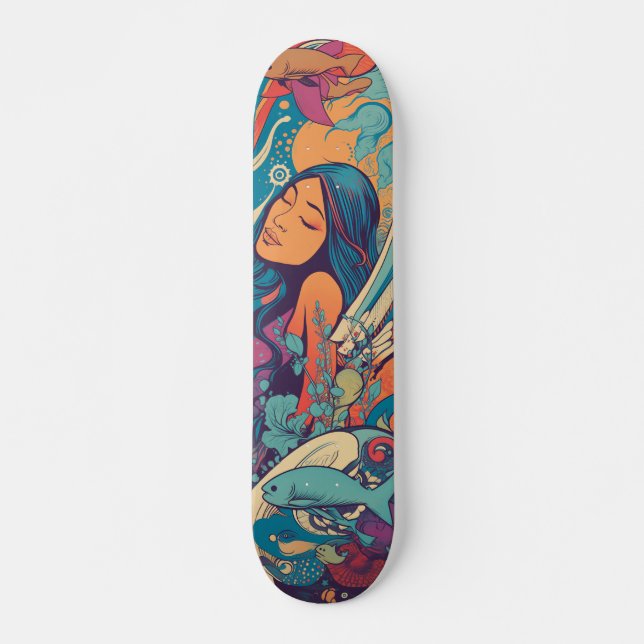 Skateboard Mujer tropical y cosecha de peces (Anverso )