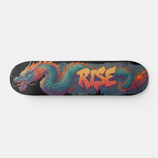 Skateboard Mural estilizado de Dragón Graffiti con "RISE" aud (Horz)