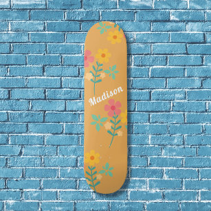 Skateboard Mustard Retro Daisy Bouquet Pattern