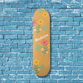Skateboard Mustard Retro Daisy Bouquet Pattern