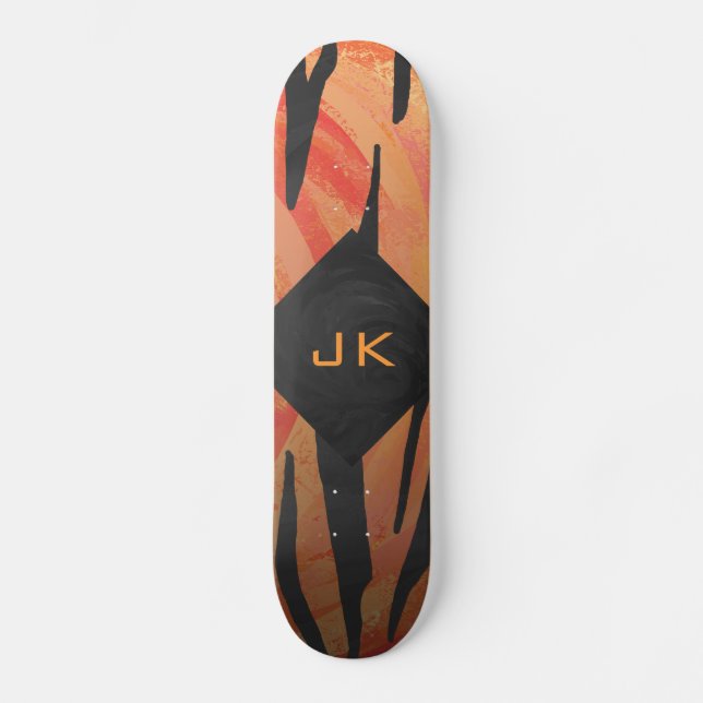 Skateboard Naranja caliente de tigres monogramo y patrón de i (Anverso)