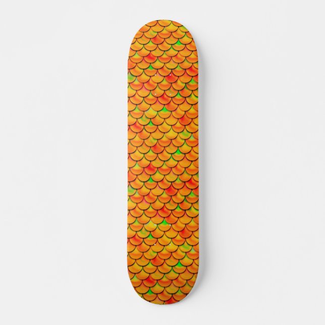 Skateboard Naranja de caída y escalas verdes (Anverso )