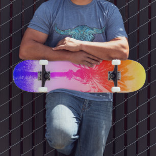 Skateboard Naranja Pink Purple Rainbow Ombre Palm Tree Guay