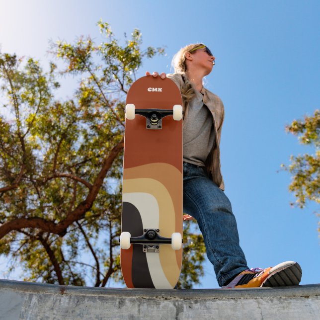 Skateboard Naranja Retro 70 Resumen Monograma Hippie Groovy (Exterior 1)