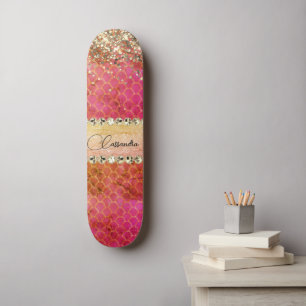 Skateboard Naranja Rosado Caliente Purpurinoso Diamond Bling