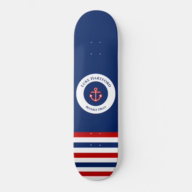 Skateboard Nautical Marine Navy Blue Red White Stripes (Anverso)
