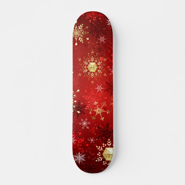 Skateboard Navidades Copos de nieve dorados con fondo rojo (Anverso )
