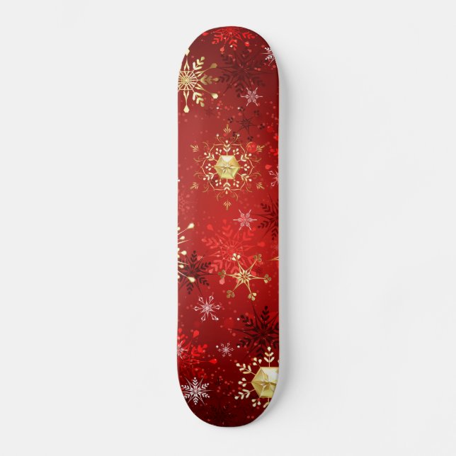 Skateboard Navidades Copos de nieve dorados con fondo rojo (Anverso)